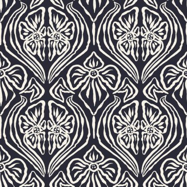Tek renkli siyah beyaz fırça darbeleri mürekkepsiz çiçek desenli damask tarzı. Soyut modern çiçek arkaplanı. Dokulu botanik minimalist duvar kağıdı