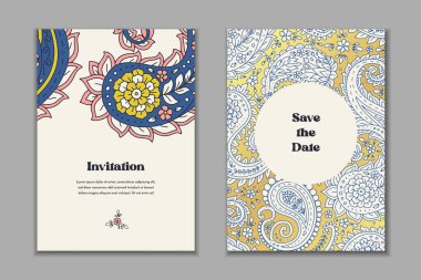 Şablonlu iki tebrik kartı şablonu. Doğulu süslemeli düğün davetiyesi. Modern durağan tasarım.
