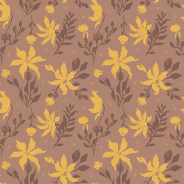 Elle çizilmiş çiçek ve yapraklarla kusursuz desen. Botanik arka planı gevşek. Kaba çiçek desenli duvar kağıdı.