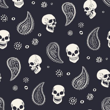 Elle çizilmiş kusursuz desenli, desenli desenli desenlerle çevrili siyah ve beyaz çiçekli kafatası desenleri. Cadılar Bayramı duvar kağıdı. İskelet başları tek renkli arka planı tekrarlar.