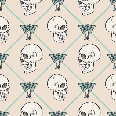 Sarmaşık içinde insan kafatasları ve ay güveleri çizilmiş kusursuz desenler var. Cadılar Bayramı arka planı. Ölü ambalaj tasarımı günü.