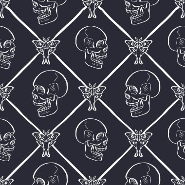 Kafatasları siyah ve beyaz insan kafatasları ve çardağın içinde ay güveleri çizilmiş kusursuz bir desen. Cadılar Bayramı monokrom arka plan tekrarı. Ölü ambalaj tasarımı günü.