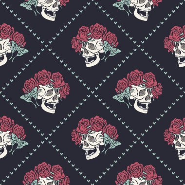 Sarmaşığın içinde gül çiçeği çelenklerinde insan kafatasları çizilmiş kusursuz desenler. Cadılar Bayramı çiçekli arka plan. Ölü ambalaj tasarımı günü.