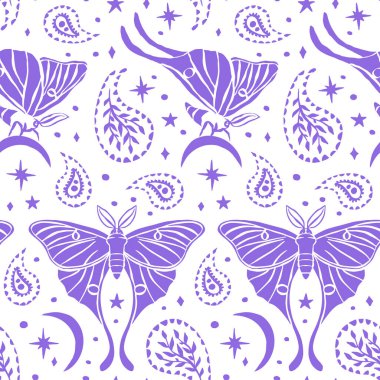 Göksel ay güvesi ve desenli mor desenli. Tek renkli yıldızlar ve aylı duvar kağıtları. Gece Kelebeği arkaplanı.
