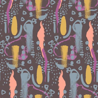 Kahverengi arka planda el çizimi şekilleri olan soyut, tuhaf, pürüzsüz desen. Minimalist nötr duvar kağıdı