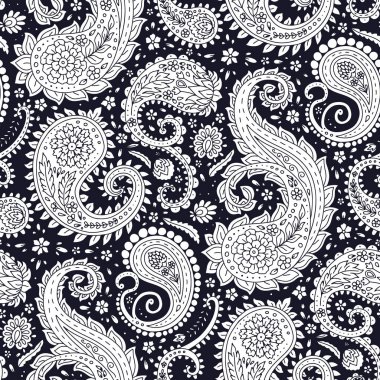 Beyaz arka planda Paisley motifleri olan monohcrome dikişsiz desen. Geleneksel Hint yineleme tasarımı.