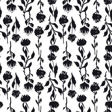 Siyah beyaz eli ve çiçekleri ve yaprakları olan kusursuz bir desen. Botanik arka planı gevşek. Kaba çiçekler, tek renkli duvar kağıtları..