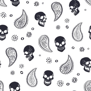 Kusursuz desenli, desenli desenli desenli desenli desenli desenli desenli desenli desenli. İskelet başları tek renkli siyah beyaz arka plan.