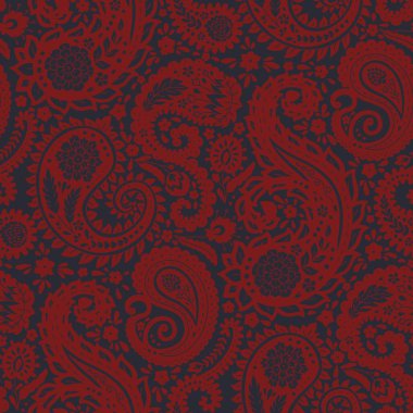 Mavi arka planda soyut kırmızı desenler ve çiçek desenleri. Karmaşık doğu klasik duvar kâğıdı. Bohem tekstil tasarımı.