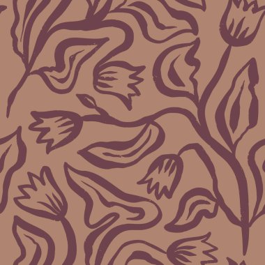 Fırça darbeleri mürekkepli çiçekler kahverengi pürüzsüz desenler. Soyut çiçek çağdaş geçmişi. Dokulu botanik minimalist duvar kağıdı
