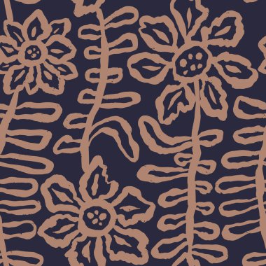 Fırça darbeleri mürekkepli çiçekler kahverengi pürüzsüz desenler. Soyut çiçek çağdaş geçmişi. Dokulu botanik minimalist duvar kağıdı