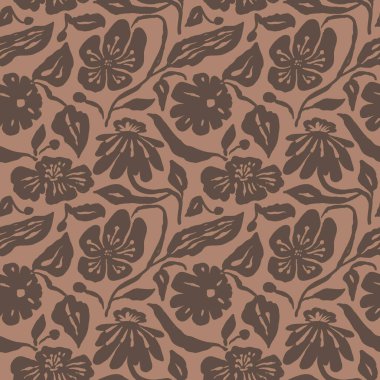 Fırça darbeleri mürekkepli çiçekler kahverengi pürüzsüz desenler. Soyut çiçek çağdaş geçmişi. Dokulu botanik minimalist duvar kağıdı