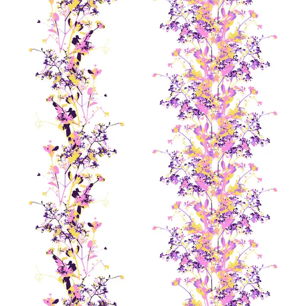 Kuru otlar ve parlak mor renkli yapraklarla kusursuz sınırlar çizildi. Vahşi tarlalar ve orman bitkileri. Ekolojik botanik Cottagecore tasarımı.
