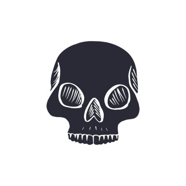 Beyaz arka planda izole edilmiş siyah insan kafatası silueti. Tek renkli iskelet baş dekoru