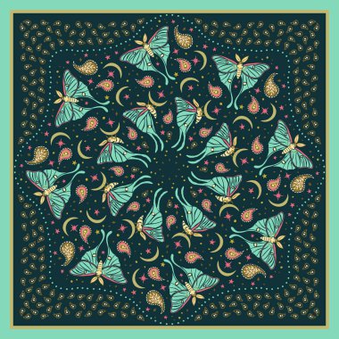 Kırmızı ve sarı eşarp ya da ay güveleri ve desenli bandana. Kelebekli ve dolunaylı etnik canlı halı tasarımı. Soyut boho gece böcekleri arkaplanı.