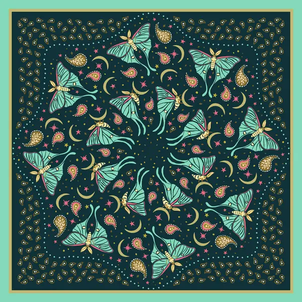 Kırmızı ve sarı eşarp ya da ay güveleri ve desenli bandana. Kelebekli ve dolunaylı etnik canlı halı tasarımı. Soyut boho gece böcekleri arkaplanı.