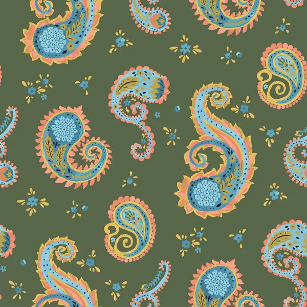 Çiçek desenli suluboya desenli yeşil arkaplan. Karmaşık doğu klasik duvar kâğıdı. Bohem tekstil tasarımı. Vektör illüstrasyonu