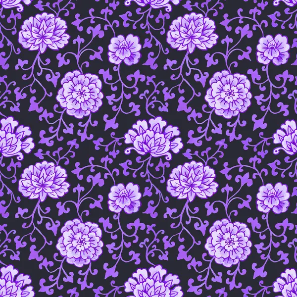 Tek renkli mor suluboya stili, siyah arkaplanda dikişsiz desen. Zencefil kavanozu çiçek desenli. Çin geleneksel sanat baskısı.