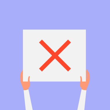 Kırmızı yasak işareti olan bir tahtayı tutan kadın. Protesto veya çatışma konsepti. Grevler ve anlaşmazlıklar için afiş ya da afiş. Düz stil stok vektör illüstrasyonu.