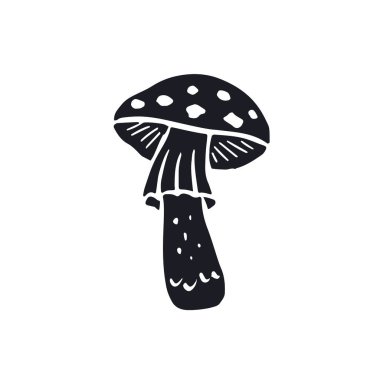 Amanita mantarının elle çizilmiş tek renkli mürekkep siluetleri. Zehirli mantar siyah beyaz karalamalar