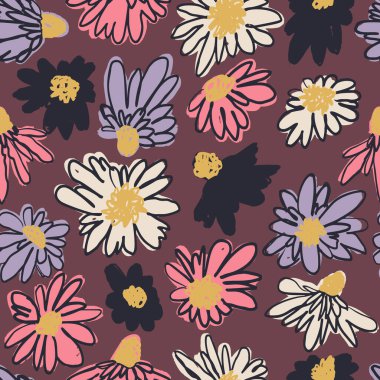 Kusursuz desenli, el çizimi, kahverengi arka planda küçük çizgili çiçekler. Kaliteli mürekkep rengi kalın çiçekler kumaşı tekrar eder. Modern minimalist papatya duvar kağıdına çiçek açtı.