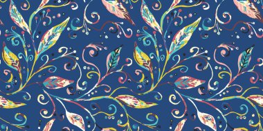 Suluboya stili soyut botanik dikişsiz desen, çeşitli renk yaprakları ve mavi arka planda girdaplar. Boyanmış yapraklı çiçek desenli duvar kâğıdı.