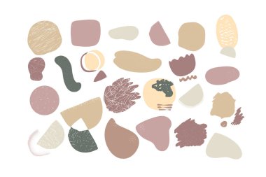 Bir grup nötr organik şekil ve lekeler beyaz arka planda izole edilir. Topraksı tonlar, kolaj için gerekli elementleri topluyor. Modern tasarım için bir dizi sıçrama ve boya darbeleri.