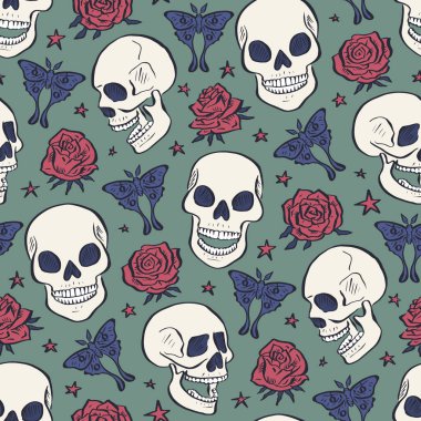 Luna güveleri ve güllerle çevrili elle çizilmiş mürekkepli çiçek kafatası desenleri. İskelet kafalar arka planda kelebekler ve çiçeklerle.