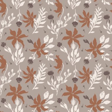 Elle çizilmiş çiçek ve yapraklarla kusursuz desen. Botanik arka planı gevşek. Kaba çiçek desenli duvar kağıdı.
