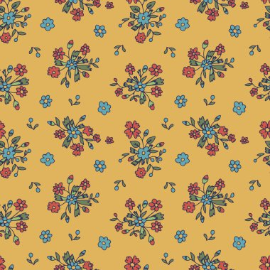 Sarı arka planda Ditsy Çiçeksiz desen. Küçük çiçek buketleriyle el yapımı vintage fon. Kır evi çekirdeği tomurcuklanıyor ve dokuyu terk ediyor.