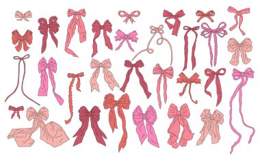 Şirin el çizimi pembe düz yay düğümleri beyaz arka planda izole edilmiş. Oldukça klasik sanat eserleri seti. Karalama süsleme klibi. Vektör illüstrasyonu