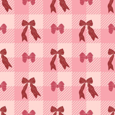 Ekose kareli arka planda pembe düğümler çizilmiş pürüzsüz bir desen. Oldukça eski moda duvar kağıtları. Klasik romantik arka plan. Vektör illüstrasyonu