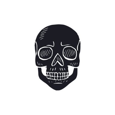 El çizimi siyah siluet insan kafatası beyaz arka planda izole. Tek renkli iskelet kafa tasarımı