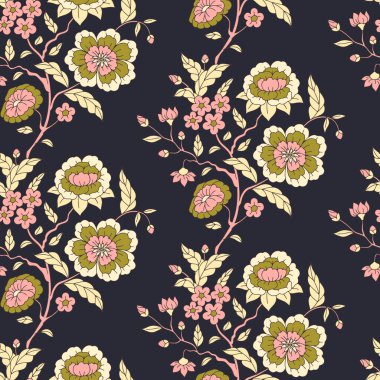 Elle çizilmiş altın ve pembe çin çiçekleriyle kusursuz desen. Çin tarzı süslemeli çiçekli arka plan. Vektör illüstrasyonu