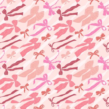 Pembe düğümlerle çizilmiş, kusursuz bir desen. Oldukça eski moda duvar kağıtları. Düğün, doğum günü ya da sevgililer günü dekorasyonu için klasik romantik arka plan. Vektör illüstrasyonu