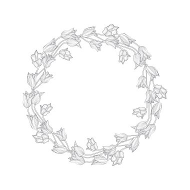 Beyaz arka planda siyah beyaz çizgili lale çiçeği çelengi. Kartlar için tek renkli bahar çiçekli şablon, boyama sayfaları. Vektör illüstrasyonu