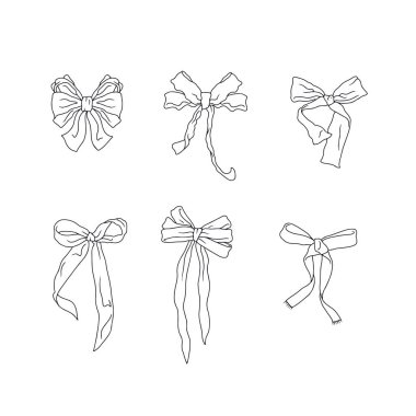 Şirin el çizimi, beyaz arka planda izole edilmiş siyah beyaz papyon düğümleri. Oldukça klasik monokrom çizgili sanat coquettes seti. Karalama süsleme klibi. Vektör illüstrasyonu