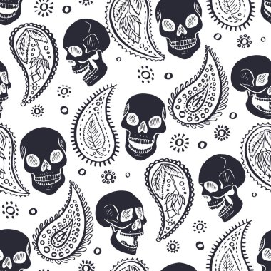 Kusursuz desenli, desenli desenli desenli desenli desenli desenli desenli desenli desenli. İskelet başları tek renkli siyah beyaz arka plan.