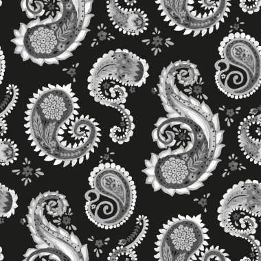 Çiçek desenli suluboya desenli, siyah arka planda tek renkli desenli. Karmaşık doğu klasik duvar kâğıdı. Bohem tekstil tasarımı. Vektör illüstrasyonu