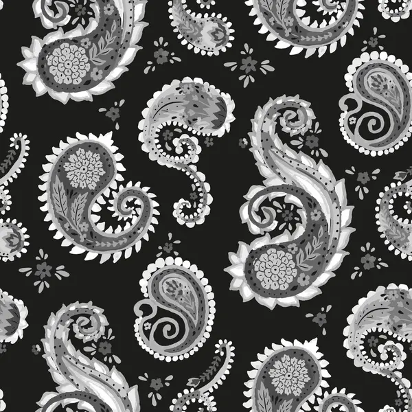 Çiçek desenli suluboya desenli, siyah arka planda tek renkli desenli. Karmaşık doğu klasik duvar kâğıdı. Bohem tekstil tasarımı. Vektör illüstrasyonu
