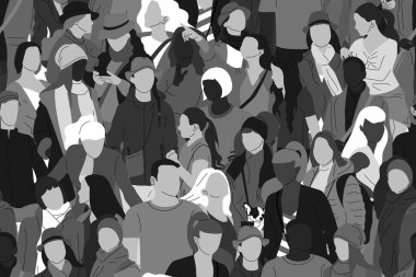 Tek renkli gri kalabalıkla kusursuz bir düzen. Farklı insanlar, erkekler ve kadınlar. Çeşitlilik konsepti. Kalabalık saatte yürüyen yayalar. Vektör illüstrasyonu.
