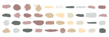 Bir grup nötr organik şekil ve lekeler beyaz arka planda izole edilir. Topraksı tonlar, kolaj için gerekli elementleri topluyor. Modern tasarım için bir dizi sıçrama ve boya darbeleri.