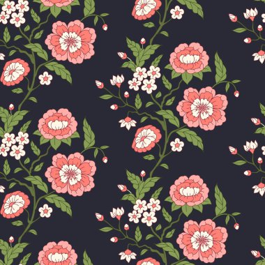 Koyu mavi arka planda elle çizilmiş pembe çini çiçekli kusursuz desen. Boho çiçek desenli Çin tarzı süslemeli duvar kağıdı. Vektör illüstrasyonu