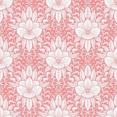 Pembe arka planda kusursuz beyaz Damask deseni. Çiçek soyut tekrarlanan tek renkli arkaplan.