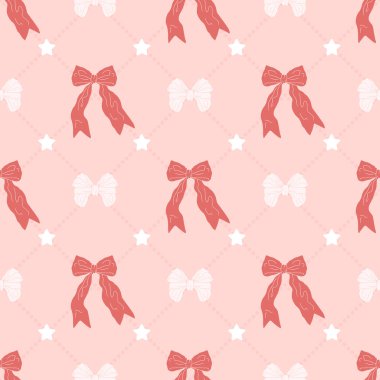 Pembe düğümler ve yıldızlar çizilmiş, kusursuz bir desen. Oldukça eski moda duvar kağıtları. Düğün, doğum günü ya da sevgililer günü dekorasyonu için klasik romantik arka plan.