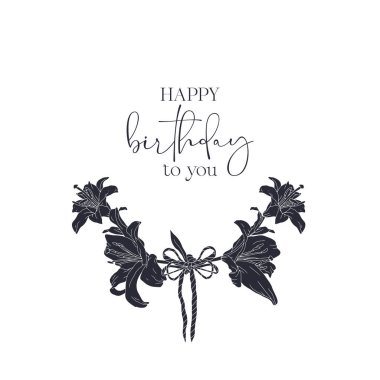 Nilüfer çiçeğinin el çizimi siyah çelengi. Mutlu Yıllar sana. Şirin çiçek desenli klasik monokrom kart şablonu. Botanik vektör illüstrasyonu