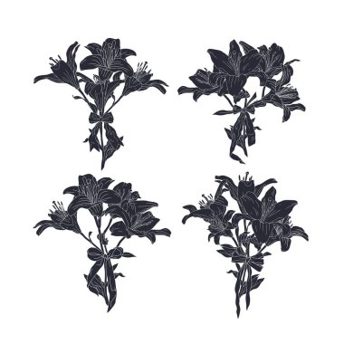 Güzel romantik zambak buketlerinin el çizimi siyah siluetleri ve şirin fiyonk düğümleri. Botanik vektör illüstrasyon paketi beyaza izole edildi.