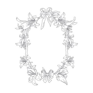 El çizimi siyah beyaz çizgili, zambak çiçeği çelengi. Şirin çiçek desenli klasik monokrom kart şablonu. Botanik vektör çizimi beyaza izole edildi.