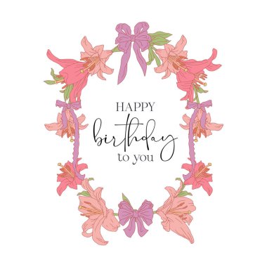 El çizimi pastel pembe çizgili, zambak çiçekli çelenk. Mutlu yıllar sana. Şirin çiçek desenli klasik monokrom kart şablonu. Botanik vektör illüstrasyonu