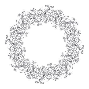 El çizimi siyah-beyaz çizgili kanarya adaları çiçekli itüzümü çelengi. Şirin tek renkli çiçek desenli kart şablonu. Botanik vektör çizimi beyaza izole edildi.